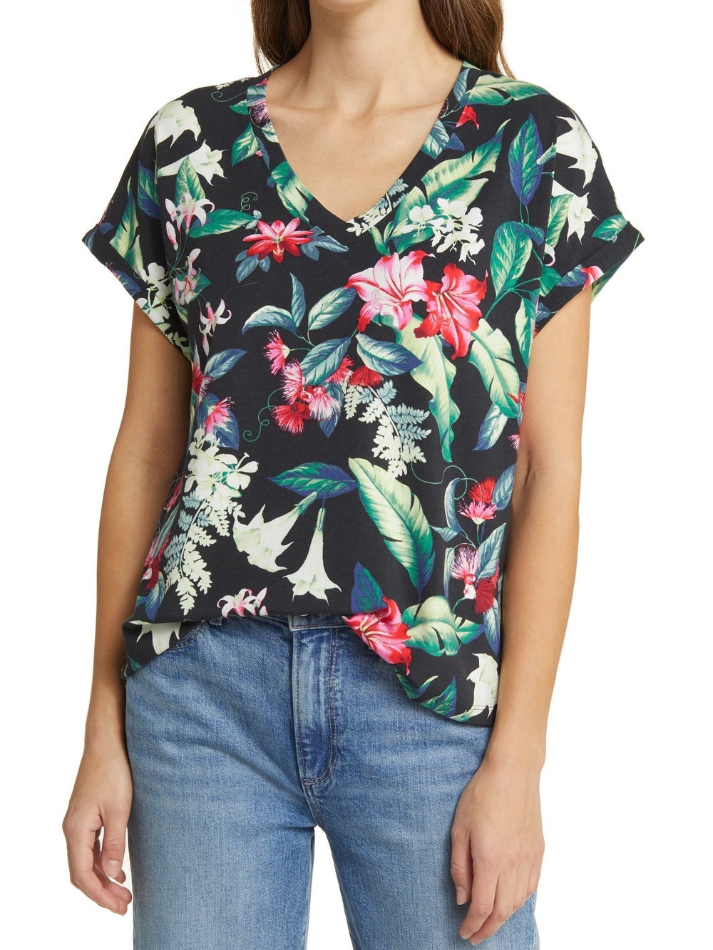 Tommy Bahamma Kauai Short Sleeve Stretch Cotton Top - Black with Tropical Print